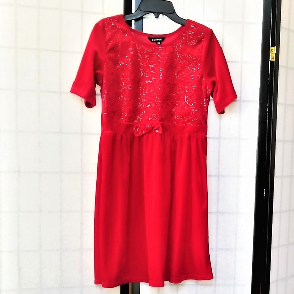 Size 14-16 XL Short Sleeve Sequins Bow Girls Red Velvet Dress